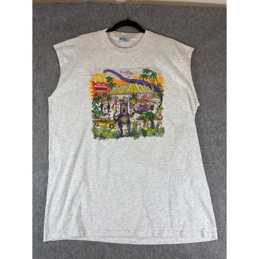 VINTAGE 90s McDonalds Jurassic Park Tank Shirt Mens XL White Graphic Muscle Tee